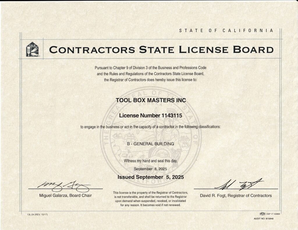 Certifications | Licensed Contractor Sacramento | Tool Box Masters
