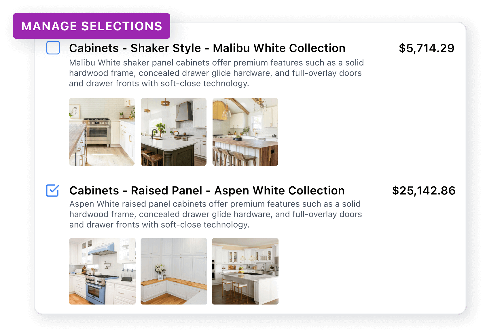 Customer portal selections