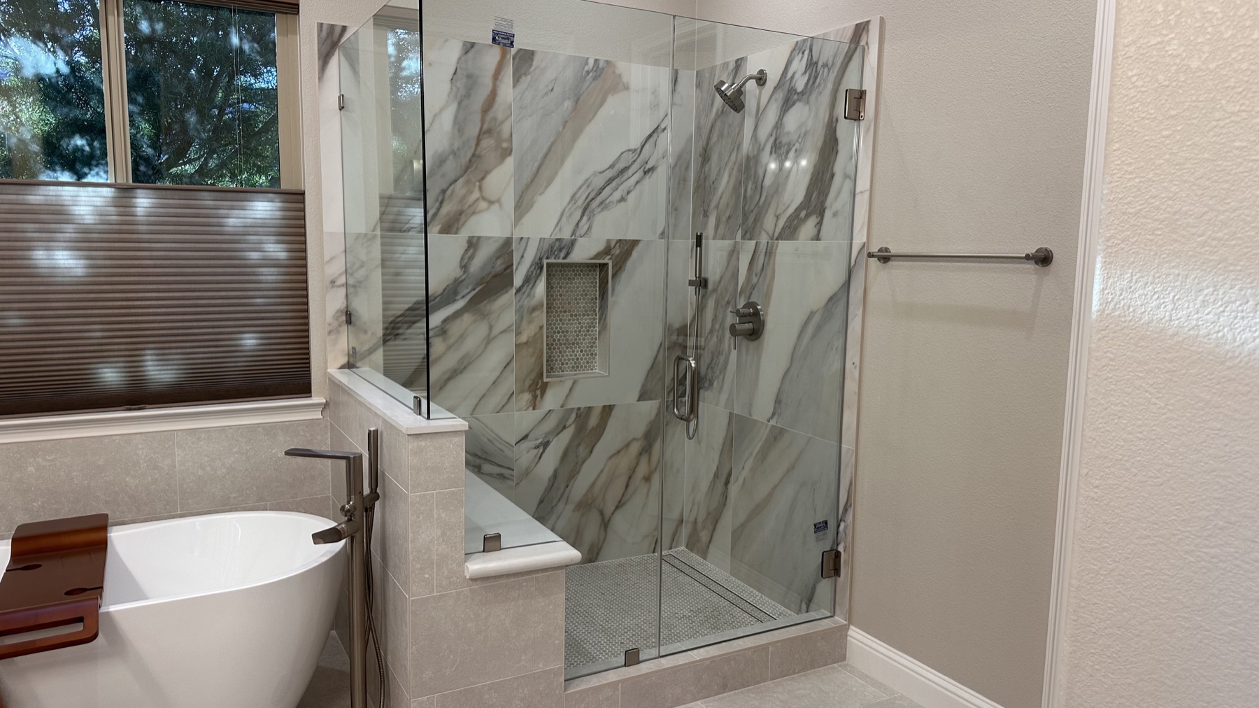 Finished walk-in shower and freestanding bathtub in El Dorado Hills California